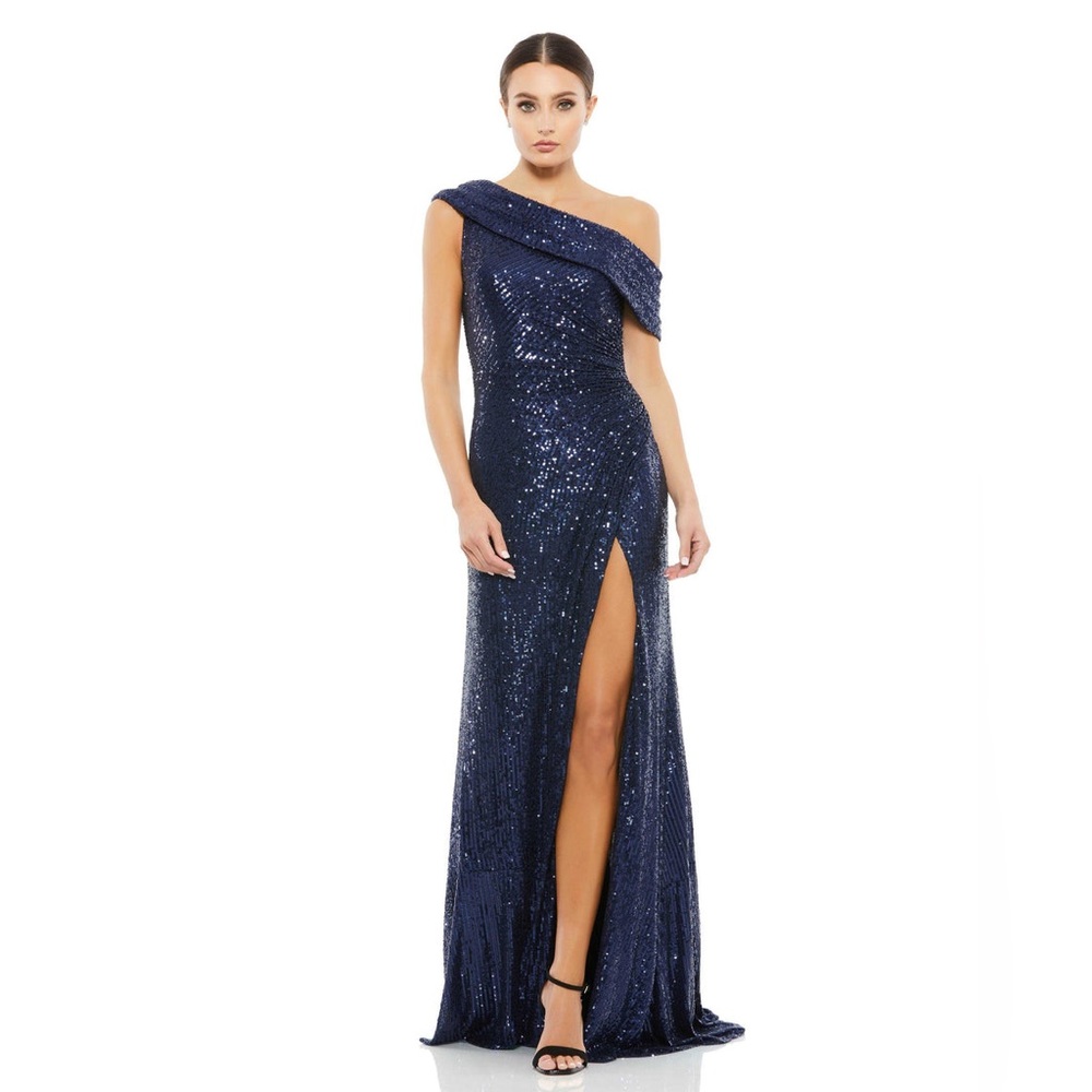 NWT Mac Duggal 26550 Midnight One-Shoulder Ruched Sequin Gown